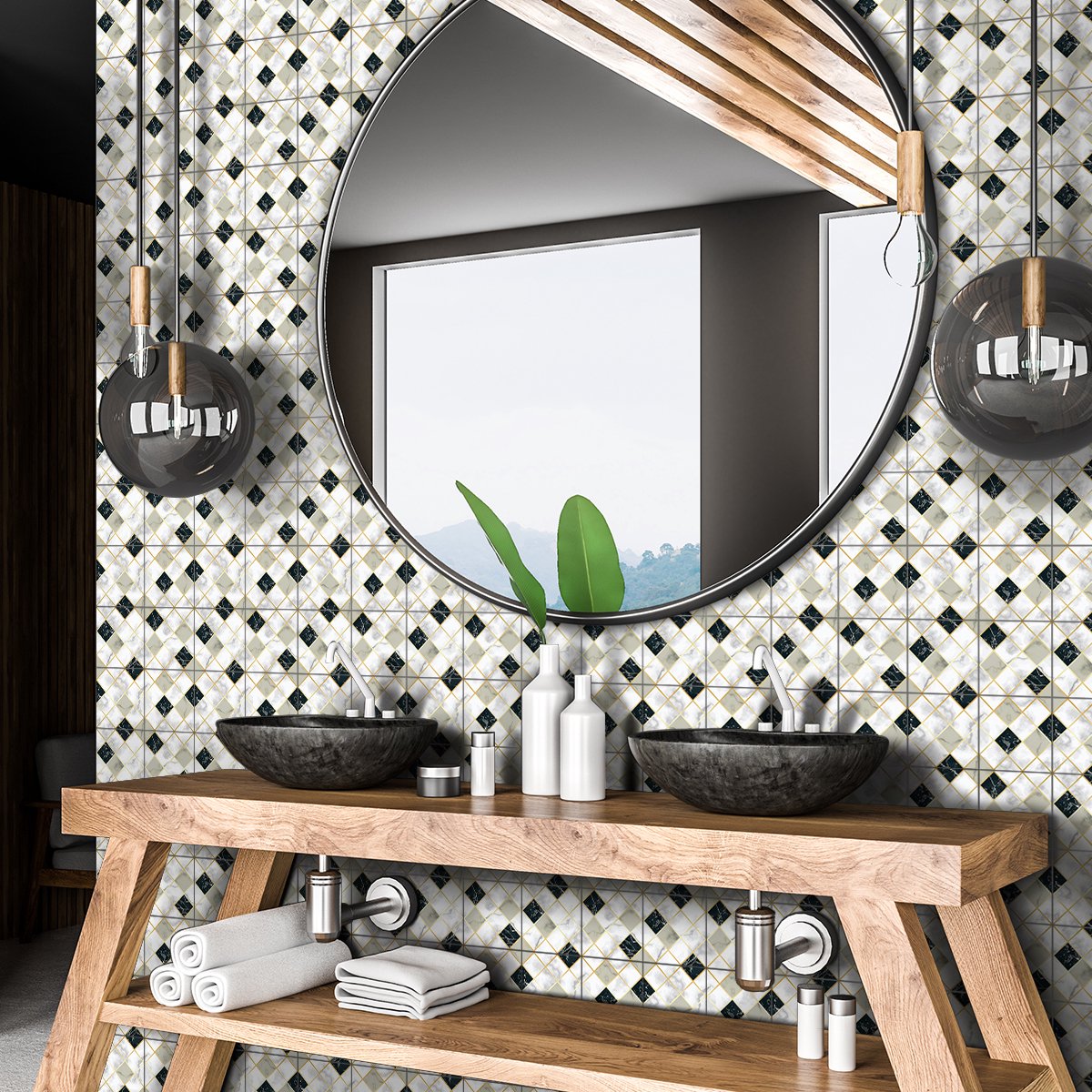 Ambiance Sticker Zelfklevende tegelmuurstickers voor keuken en badkamer - 60 cementtegelstickers met wit, beige en zwart marmereffect - 60 stickers, 15x15cm Multi color