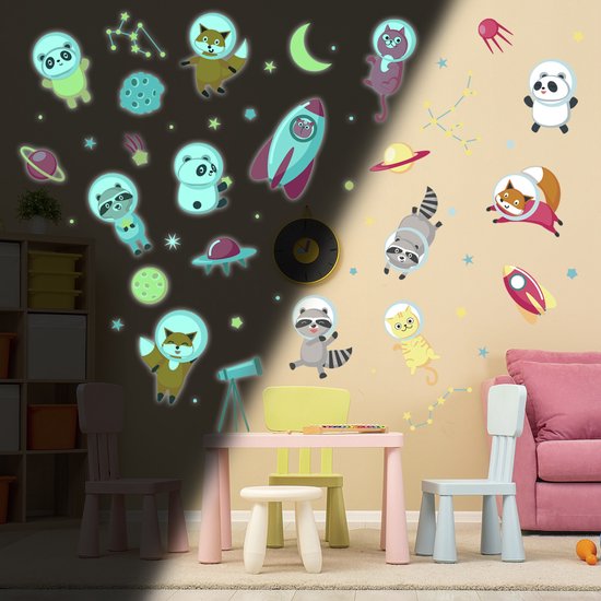 Lichtgevende sticker - Astronauten en dieren in de ruimte - Fluorescerende muur-/plafondsticker voor kinderen - 55x40cm