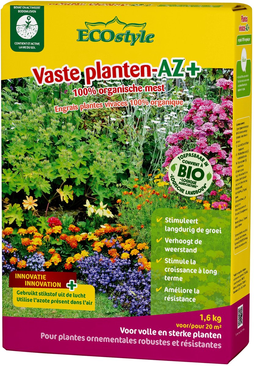 ECOstyle Vaste Planten-AZ Organische Plantenvoeding - Meststof voor 120 dagen - Kleurrijke Vaste Planten - Rijbloeiende Siertuin - Voor 20 M² - 1,6 KG