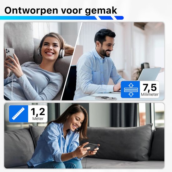 Vrouwen luistert muziek, man werkt op laptop, vrouw speelt op telefoon.