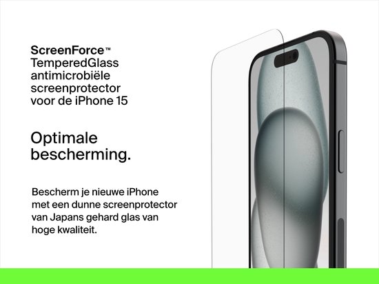 Screenprotector van gehard glas van Belkin voor iPhone 15, optimale bescherming.