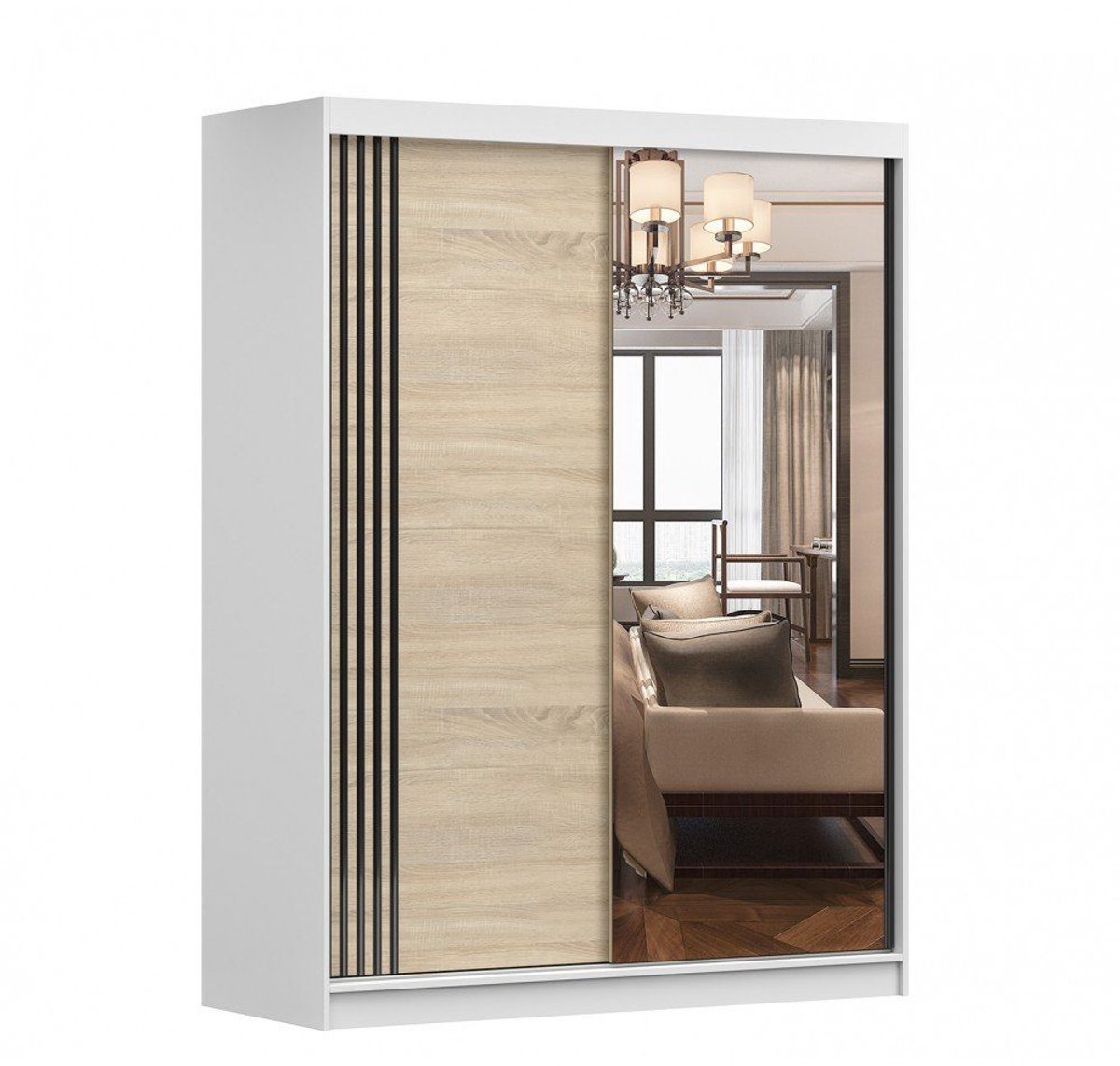 Schuifdeurkast LARA 07 – 2-deurs kledingkast met spiegel, legplanken en kledingroede – modern design – 150x200x61 cm - LARA 07 (Wit + Sonoma)