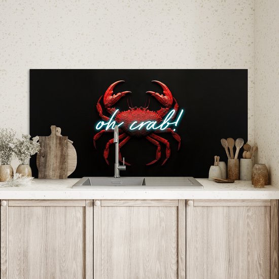 Crédence de Cuisinière en Aluminium 100x50 cm - Crabe - Rouge - Néon - Citation - Écran Pare-éclaboussures pour Plaque de Cuisson - Protection Murale