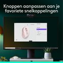 Scherm toont aanpasbare knoppen voor een roze Logitech muis. Tekst: 'Knoppen aanpassen aan je favoriete snelkoppelingen'.