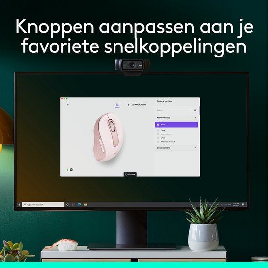 Scherm toont aanpasbare knoppen voor een roze Logitech muis. Tekst: 'Knoppen aanpassen aan je favoriete snelkoppelingen'.