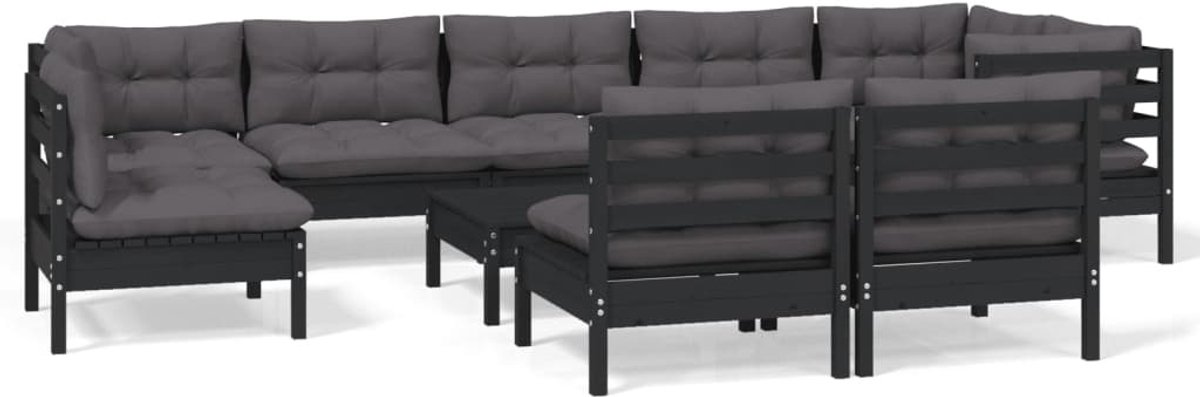 The Living Store 10-delige Loungeset met kussens massief grenenhout zwart - Loungeset - Tuinset - Houten Lounge - Loungestoel - Tuinstoel