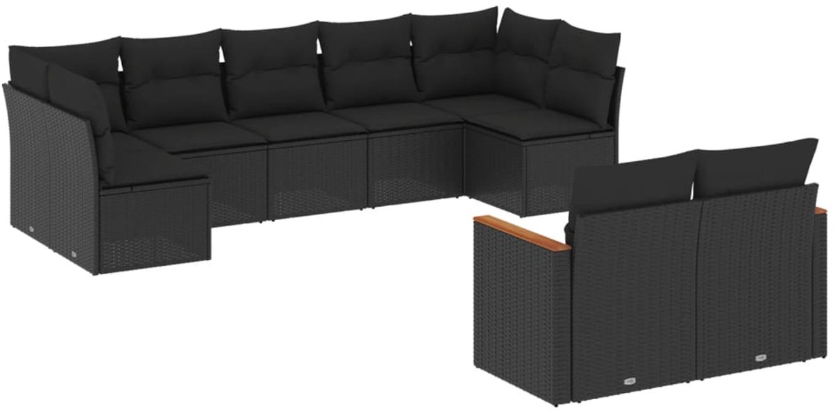 The Living Store 9-delige Loungeset met kussens poly rattan zwart - Loungeset - Tuinset - Lounge Set - PE Rattan - Outdoor Furniture