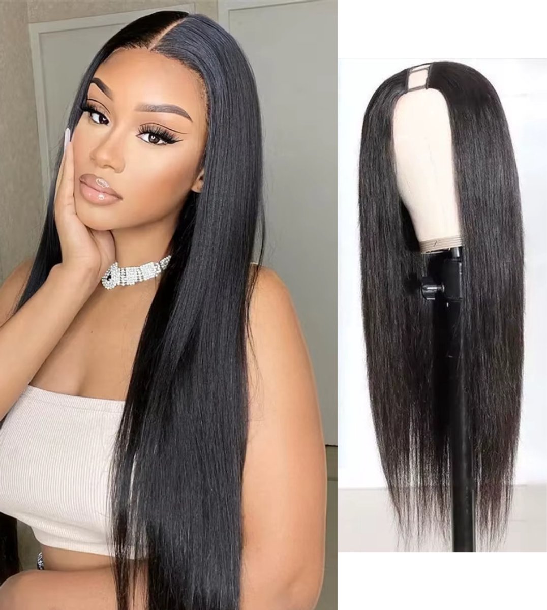 Pruik dames echt haarstuk - V part wig human hair - Pruik lang haar - Haarwerken echt haar - Glueless wigs hair - Dollsbeauty steil pruik 180% Densiteit