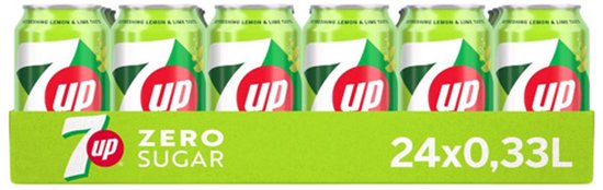 Rechthoekige verpakking met zes blikjes 7UP Zero Sugar met de tekst 'Refreshing Lemon & Lime Taste'.