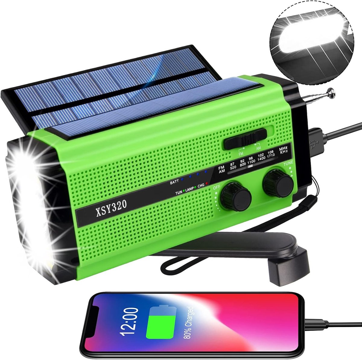 Draagbare zonne-energie radio - AM/FM zwengelradio met 5000 mAh batterij, powerbank, zaklamp en SOS-alarm voor camping en outdoor