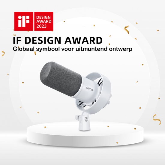 Witte microfoon met zwarte windkap, staand op een witte sokkel, met gouden confetti rondom. Tekst: 'IF DESIGN AWARD 2023'.