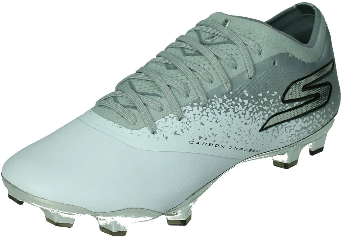 Skechers Razor 1.5 Elite FG voetbalschoenen in wit, maat 40, met grijze accenten en metalen noppen.