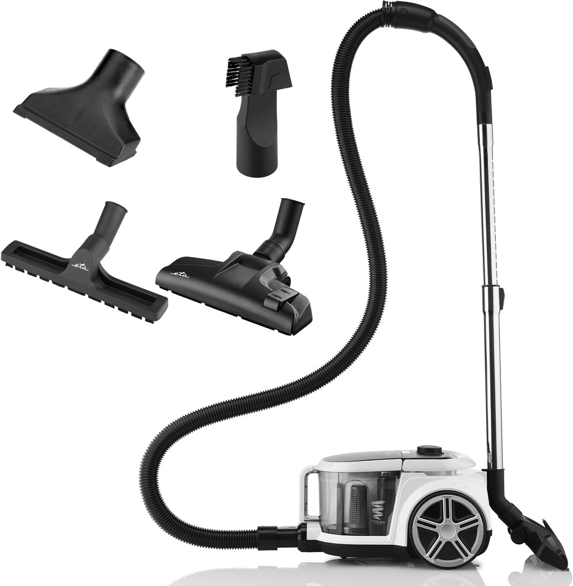 ETA Stormy Home Stofzuiger zonder Zak met Opzetstukken – ECO-motor, HEPA 13 Filter en 360° Draaibaar - Actieradius 9 Meter – 2,2 Liter – Zwart