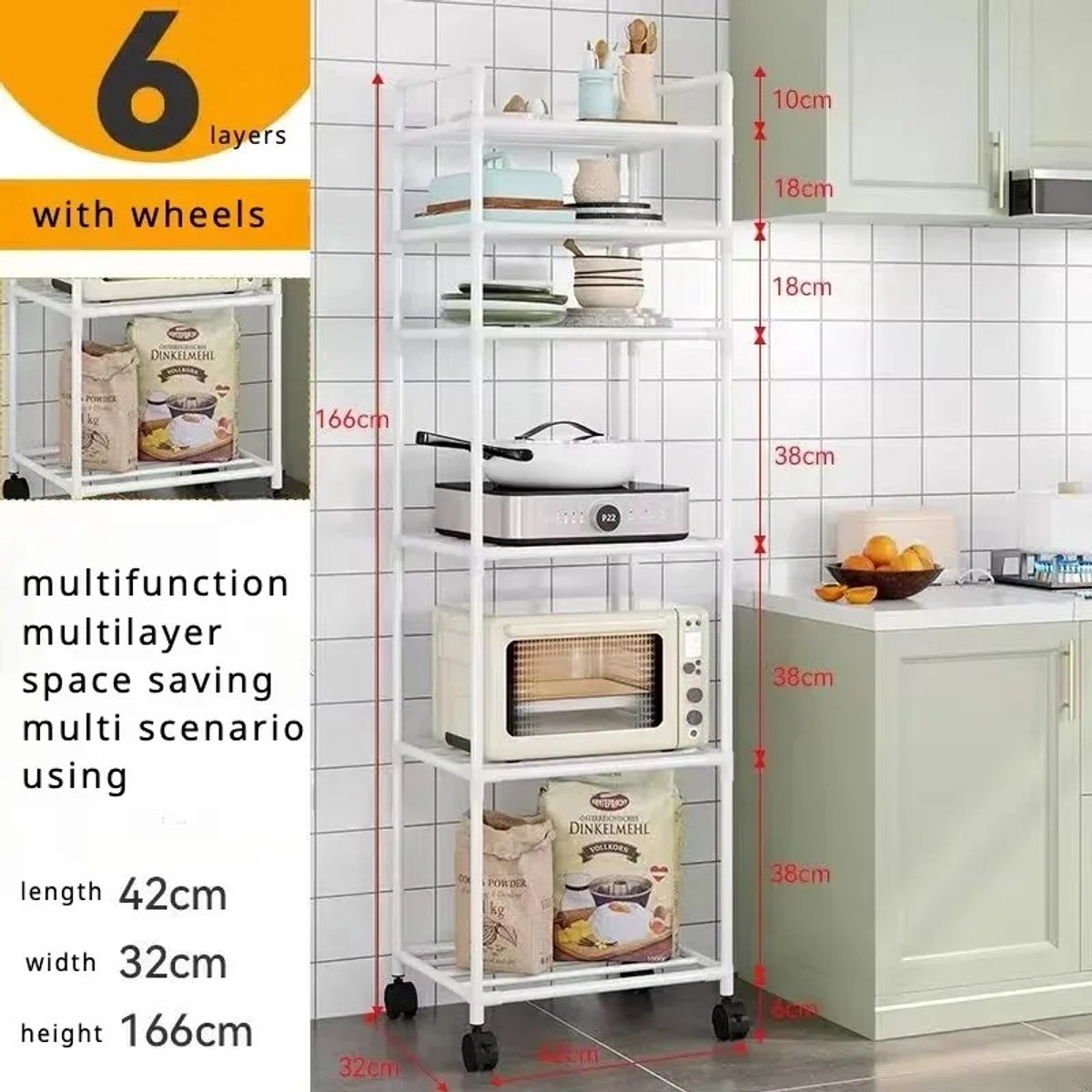 CS® - Multifunctioneel 6 Laag Staal Keuken Rek Magnetron Kast- Verstelbare Planken & Lade - Staal - 42x32x166 cm 16,1 kg- Opbergrek - Stellingkast Berging Laadvermogen 36 Kg- Wit