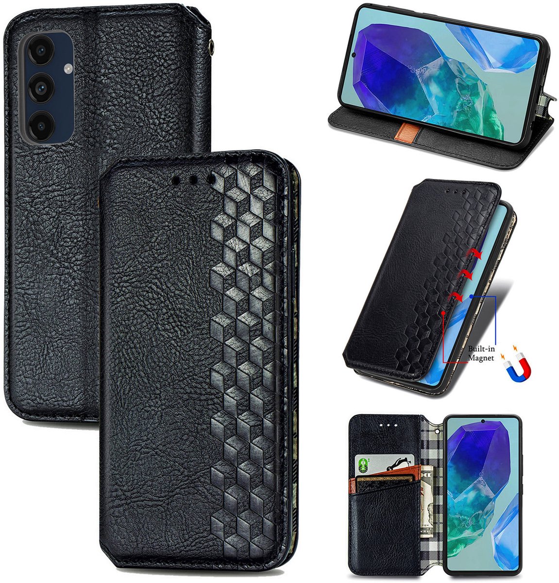 Luxe PU Lederen Ruitpatroon Wallet Case + Screenprotector voor Galaxy S24 FE _ Zwart