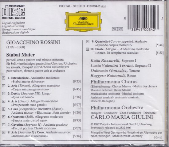 CD-hoes van Rossini's Stabat Mater, met artwork van "DIGITAL AUDIO RECORDING" en tracklist.