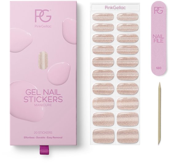 Roze verpakking met 'Gel Nail Stickers Manicure' en een vel met 20 champagne gouden glitter nagelstickers.