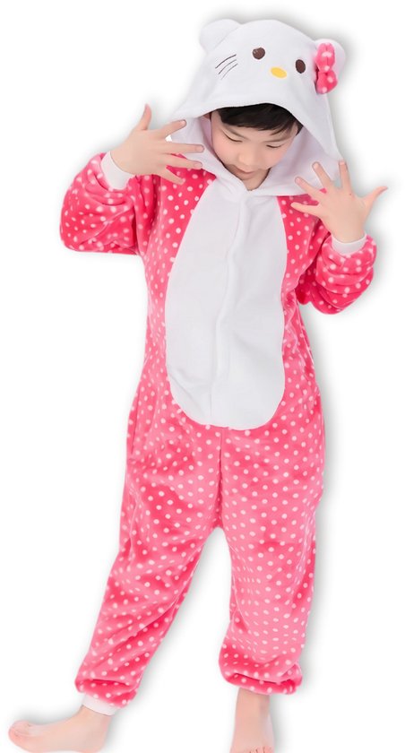 BoefieBoef Kinder Onesie Hello Kitty– Warme Dieren Pyjama 5-9 Jaar – Fluffy Verkleedpak & Fleece Huispak – Jongens & Meisjes – Zwemles Pyjama – Carnaval, Halloween & Sinterklaas Cadeau – Jumpsuit met Capuchon – 115-130 cm - Roze