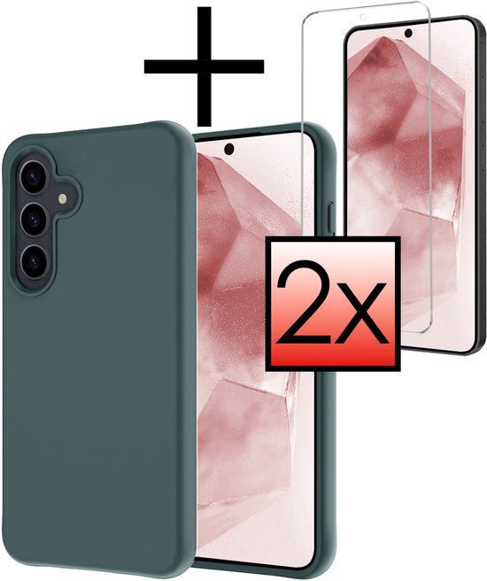 Étui vert foncé avec un téléphone Samsung Galaxy A56, un symbole plus et 2x protecteur d'écran.