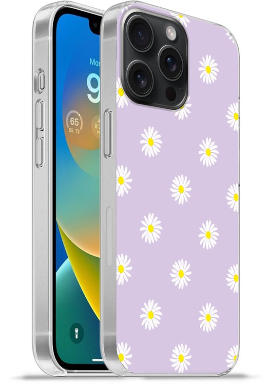 Telefoonhoesje Geschikt voor iPhone 15 Pro Max hoesje - Madeliefjes - Pastel - Wit - Paars - Bloemen - Siliconen Telefoonhoesje Telefoonhoesje
