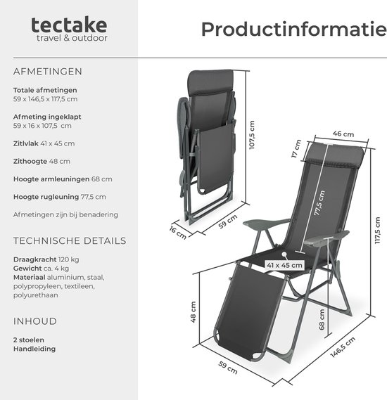 tectake® - Set van 2 klapstoelen - Aluminium tuinstoelen - Inklapbaar met hoofdsteun en voetensteun - Ligstoelen voor in de tuin, terras of balkon - Campingstoel - Antraciet van Merkloos — afbeelding 5