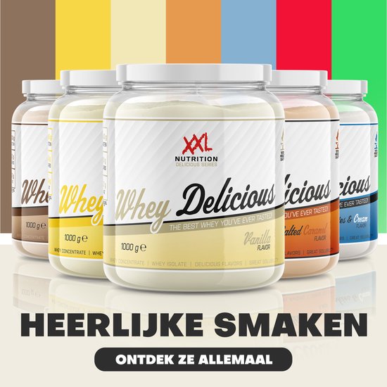 XXL Nutrition Delicious Series potten met verschillende smaken: Vanille, Salted Caramel, Cookies & Cream, en meer.