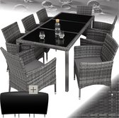 tectake® - elegante outdoor tuinmeubelset - wicker zitgroep met fauteuil en tafel voor 8 personen, inclusief beschermhoes en kussens, weerbestendig balkonmeubilair - grijs/donkergrijs - poly-rattan