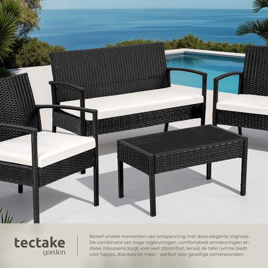 tectake® Tuinset 4 persoons - 2 Tuinstoelen - Tuintafel - Tuinbank - Wicker - Zwart - Geschikt voor tuin, balkon, terras, lounge of serre - Weer- en UV-bestendig