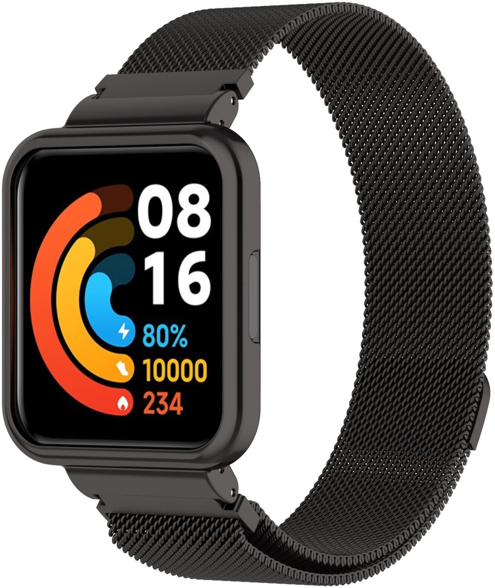 By Qubix - Milanese bandje met case - Zwart - Geschikt voor Xiaomi Redmi Watch 2 (Lite)