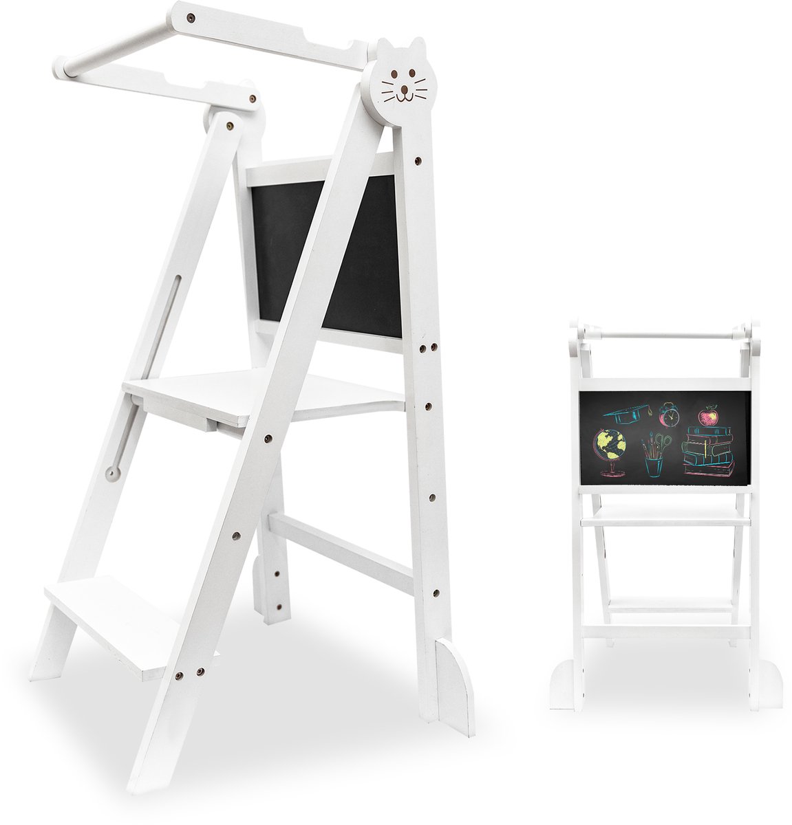 Oemmie Leertoren - Opvouwbaar - Learning Tower - Montessori Leertoren met Krijtbord - Leertoren keukenhulp - Leer Toren - Opstapje - Kindertrapje - Wit