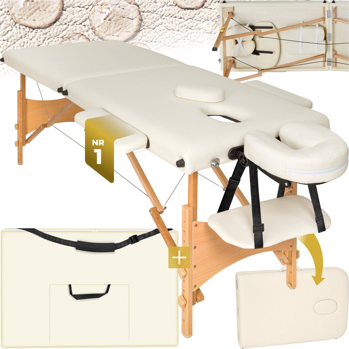 Goedkoopste tectake® Massagetafel - 2 Zones, Opvouwbare en Draagbare Massagetafel met 5 cm Vulling, In Hoogte Verstelbaar, Mobiele Massagebank met Houten poten en Accessoires, Draagtas - Beige