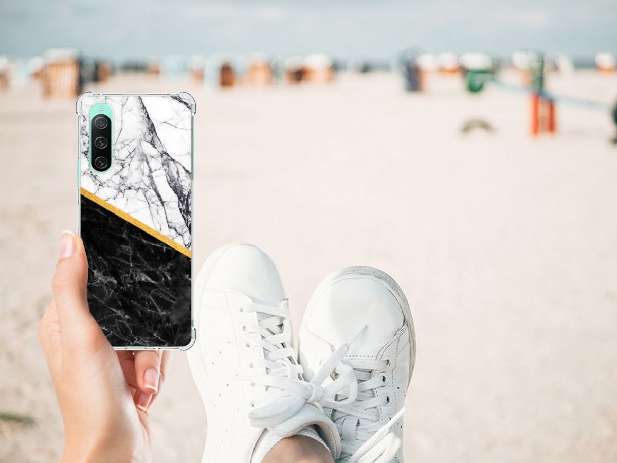 Sony Xperia 10 V Anti-Shock Hoesje Marmer Wit Zwart - Origineel Cadeau Man