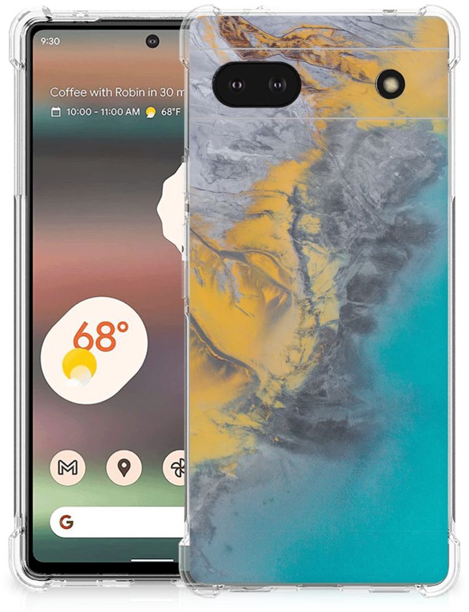 Google Pixel 6A Anti-Shock Hoesje Marble Blue Gold