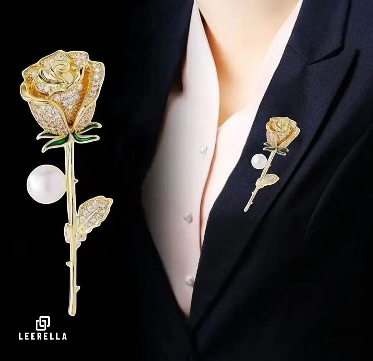 Leerella Stijlvolle Rozen Broche met Parel en Kristaldetails in Goudkleur – Perfect voor Moederdag, Valentijnsdag en Feestelijke Gelegenheden!