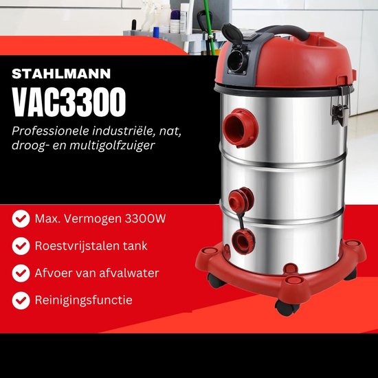 STAHLMANN VAC3300 Industriële stofzuiger, nat-/droogzuiger, 30 liter tank, geïntegreerd stopcontact, krachtige 3300 W, met en zonder zak, blaasfunctie, machineaansluiting, professionele stofzuiger STAHLMANN VAC3300 Industriële stofzuiger, nat-/droogzuiger, 30 liter tank, geïntegreerd stopcontact, krachtige 3300 W, met en zonder zak, blaasfunctie, machineaansluiting, professionele stofzuiger