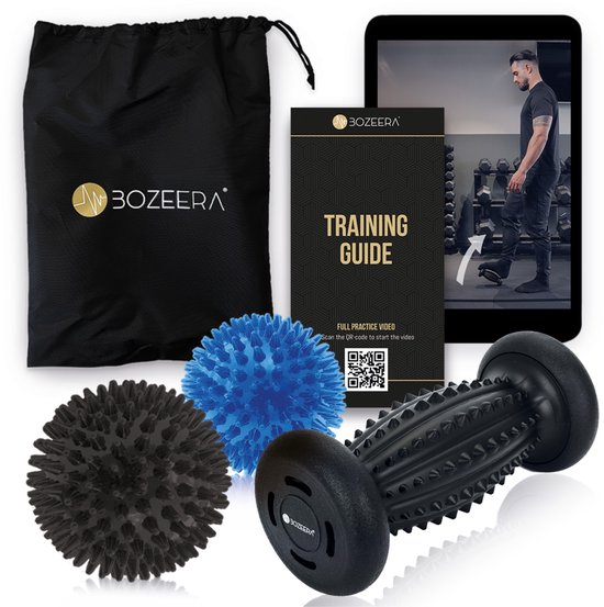 Set de Roller de massage pour les pieds BOZEERA - Rouleau pour les pieds - Balles de massage à picots - Balle de Massage - Balle Triggerpoint - Fasciite plantaire - Set de rouleaux de massage (3 pièces) - Avec affiche vidéo et sac