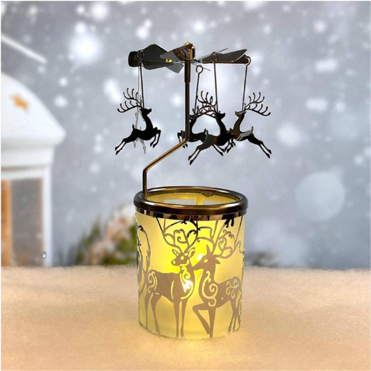Metalen Roterende Kandelaar – Draaiende Theelichthouder Carrousel – Scandinavische Eland – Verzilverde Kerstdecoratie – 15,5 cm
