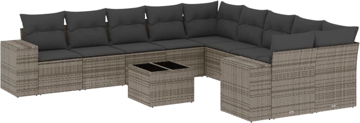 vidaXL 11-delige - Loungeset - met - kussens - poly - rattan - grijs