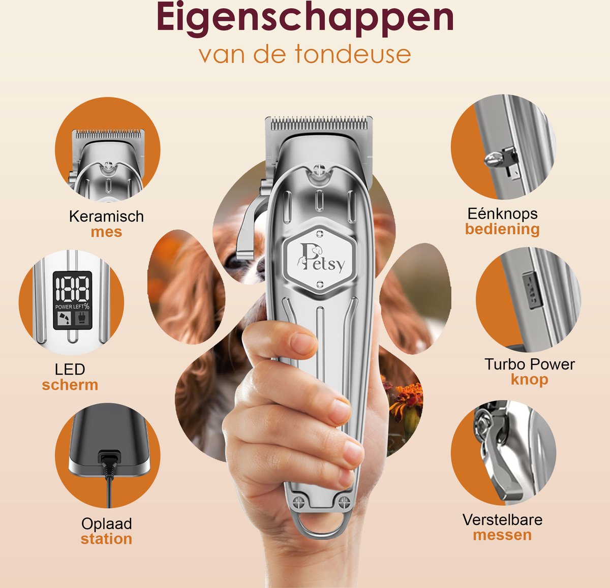 Petsy Professionele Hondentondeuse - 2-in-1 Dieren tondeuse voor Dikke Vacht - Stil - Scheerapparaat voor Honden en Katten - Honden Trimmer - Inclusief Oplaadstation thumbnail 3