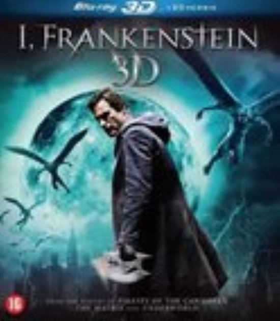 Blu-ray hoes "I Frankenstein 3D" met man in donkere jas en vliegende wezens tegen een blauwe maan.
