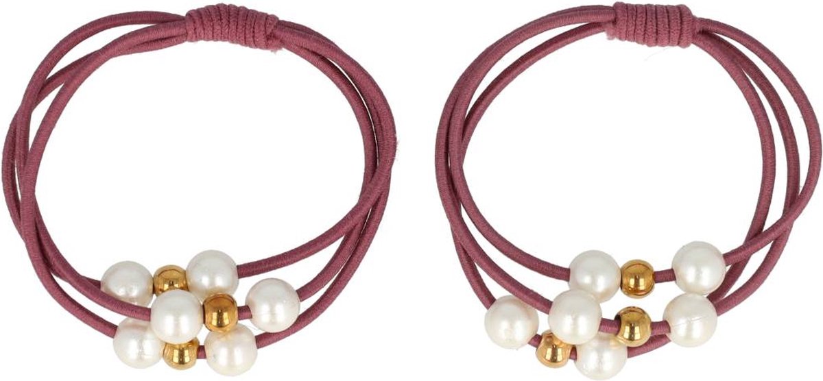 Haarsoires Haarelastieken – Glanzende & Parelkralen - Paars Wit Goud - Set van 2