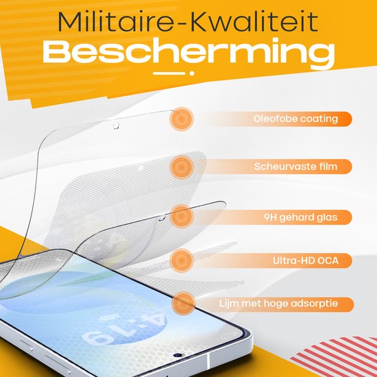 Screenprotector met 5 lagen: oleofobe coating, scheurvaste film, 9H gehard glas, Ultra-HD OCA, hoge adsorptie.