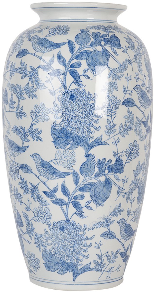 Clayre & Eef Vaas Ø 19x37 cm Wit Blauw Keramiek Vogels op Takken