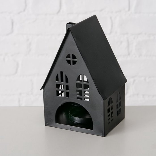 Lantaarn zwart huis van metaal lichthuis windlicht in huisvorm - groot