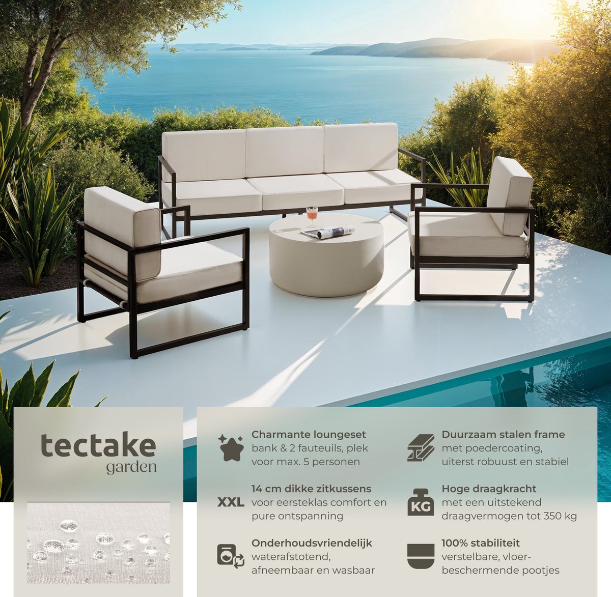 tectake® Tuinset Comosa - Loungeset voor 5 personen - Tuinbank - Loungebank en Twee Loungestoelen - Tuinstoelen met Waterafstotende en Ultradikke Kussens - Draagkracht 117 kg per Zitplaats - Bruin/Beige – foto 3