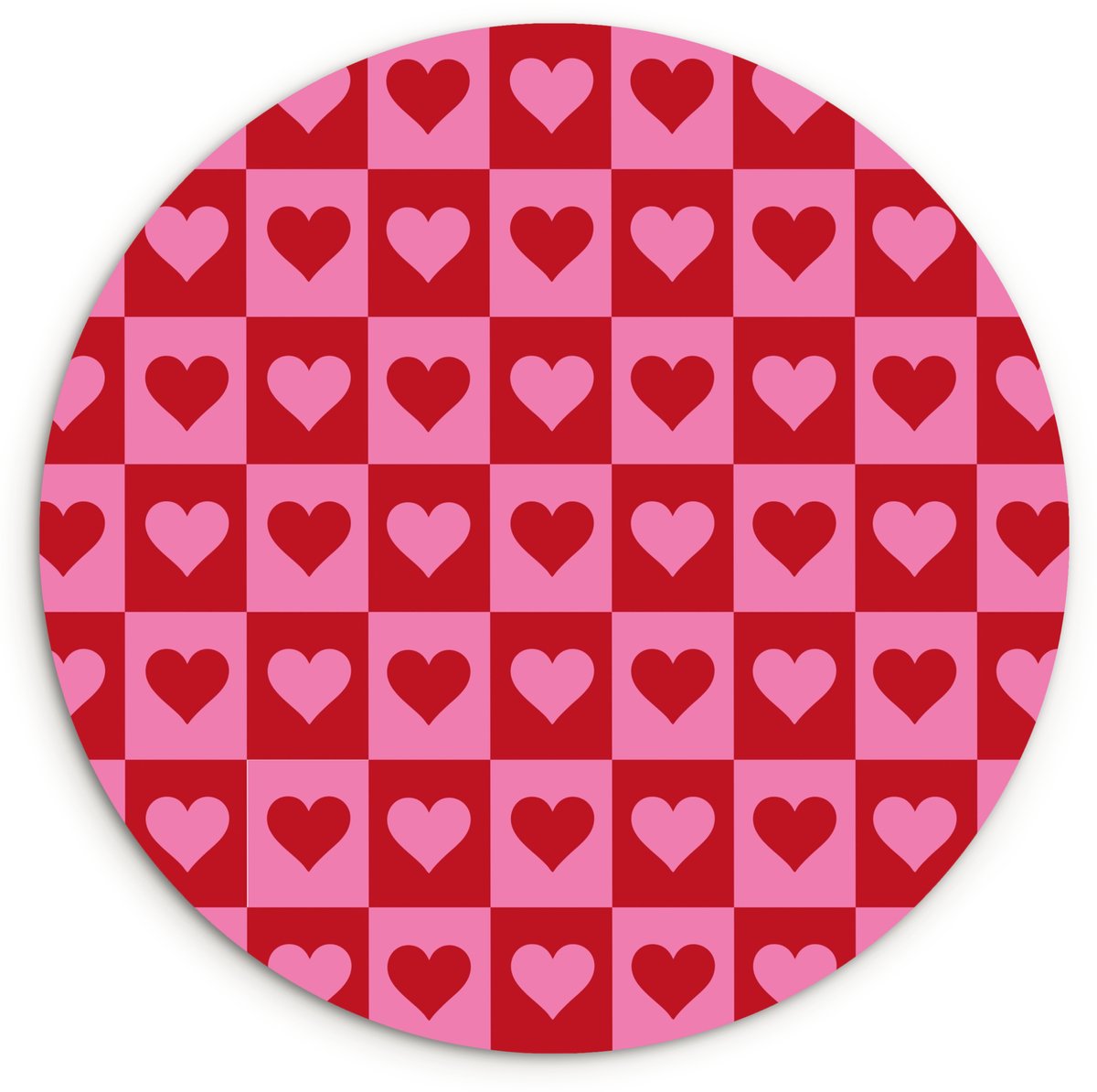 WallCircle Wandcirkel 90x90 cm - Muurcirkel Rood - Roze - Schaakbord - Valentijn - Muurdecoratie woonkamer - Wanddecoratie slaapkamer - Kamer decoratie accessoires - Ronde schilderijen Hartjespatroon