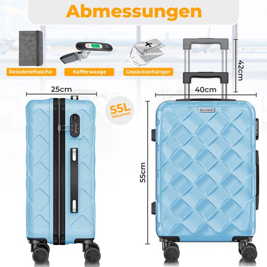Twee maten blauwe koffers met ruitpatroon, handvatten, wielen en afmetingen.