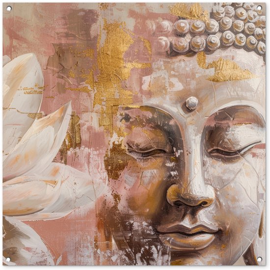 Tuinposter 100x100 cm - Tuindecoratie Buddha - Bloem - Goud - Roze - Abstract - Poster voor in de tuin - Buiten decoratie - Schutting tuinschilderij - Tuindoek muurdecoratie - Wanddecoratie balkondoek