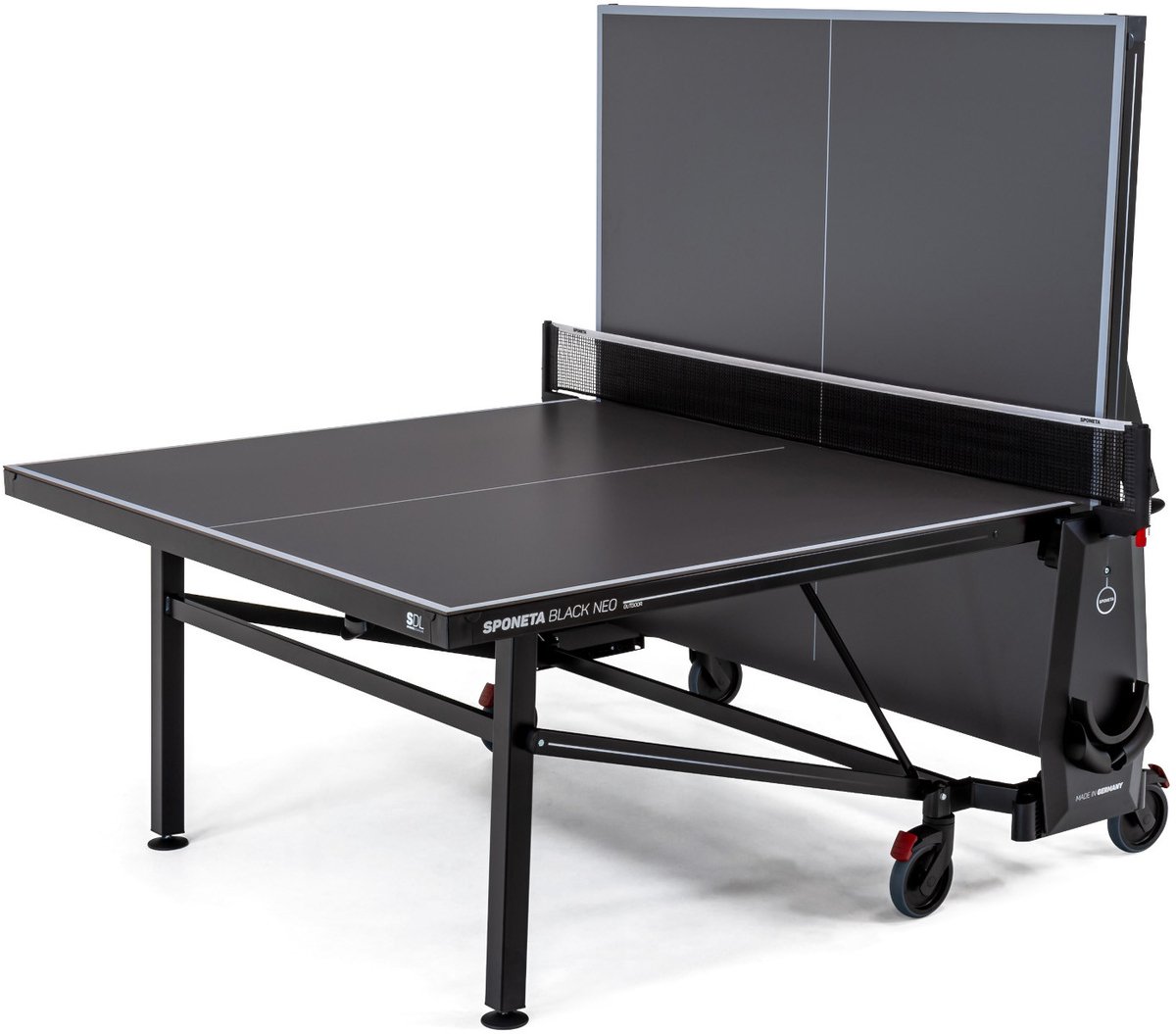 Sponeta® SDL NEO outdoor Tafeltennistafel - Pingpongtafel - Zwart - Inklapbaar - Inclusief tafeltennisnet en 2 batshouders - LXBXH 274x185x76cm - 6mm Dik weerbestendig tafelblad - 10 Jaar garantie - Winkel Eindhoven-Buiten-Made in Germany