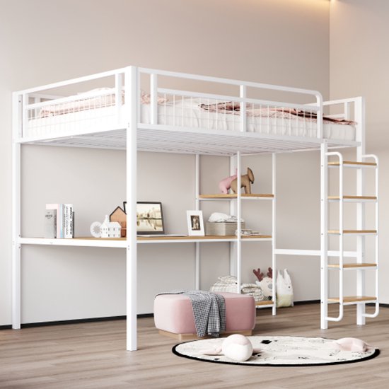 VSOGA Multifunctionele hoogslaper 140 x 200 cm, metalen bed met opbergruimte, legplanken en trap, bed voor volwassenen en